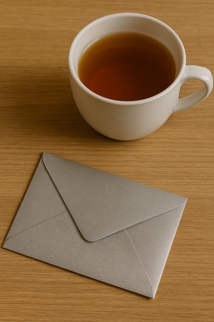 A silver envelope lies on a light wooden table beside a white cup filled with amber-coloured tea, softly lit to highlight the contrast between the metallic sheen of the envelope and the warm tones of the tea and wood.