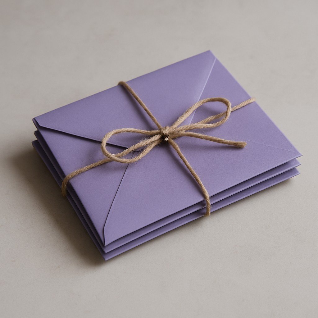 Three purple envelopes tied together with a simple jute string bow, resting on a light beige tabletop. The soft lighting highlights the texture of the envelopes and creates a calm, thoughtful mood.