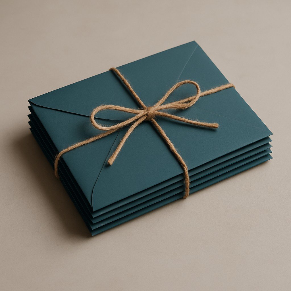 A stack of six teal envelopes neatly tied together with rustic jute string, resting on a smooth beige tabletop. Soft lighting highlights the texture of the envelopes and the twine, creating a calm and thoughtful atmosphere.
