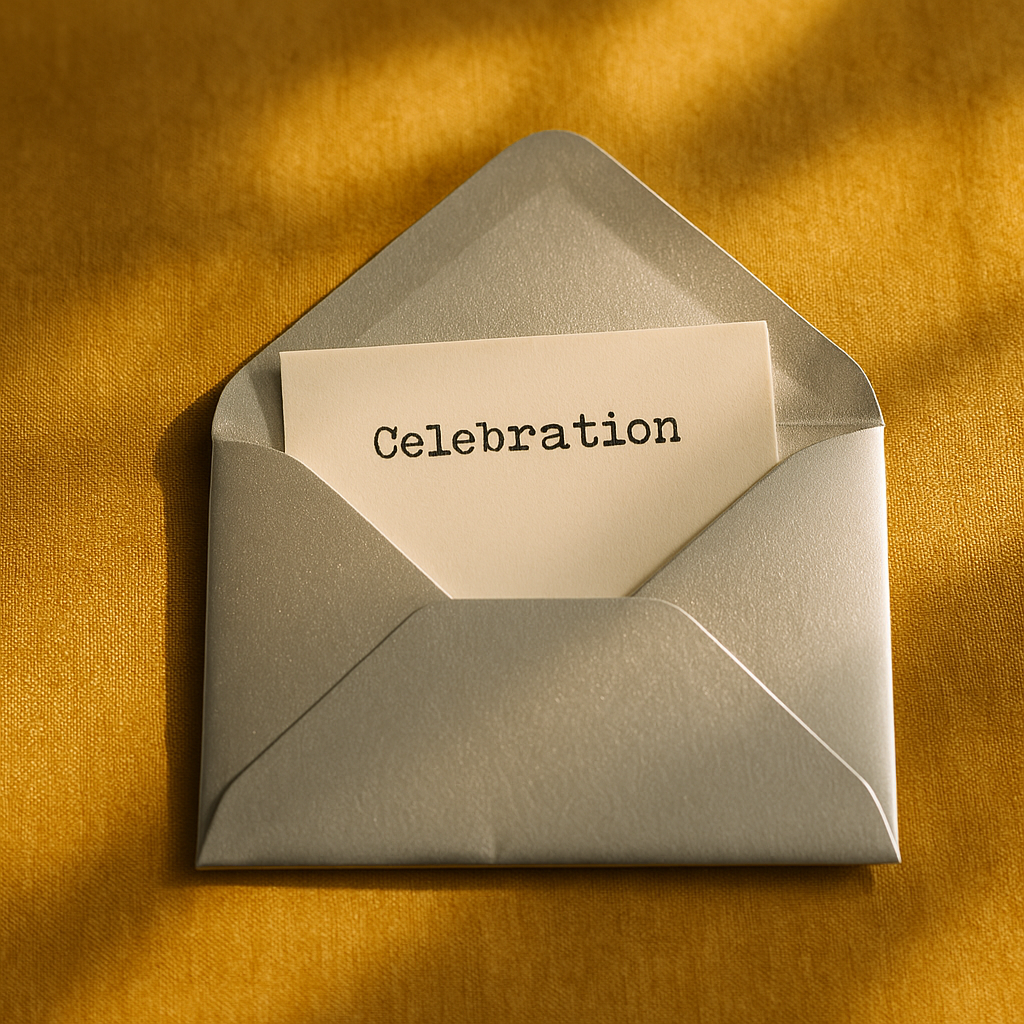 A silver envelope slightly open with a paper slip showing the word “Celebration” in a typewriter-style font, resting on a pale gold linen background softly lit by warm, even sunlight.