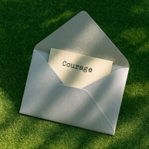 A silver envelope slightly open with a paper slip showing the word “Courage” in a typewriter-style font, resting on a grass-green linen surface with sunlight filtering through leaves.