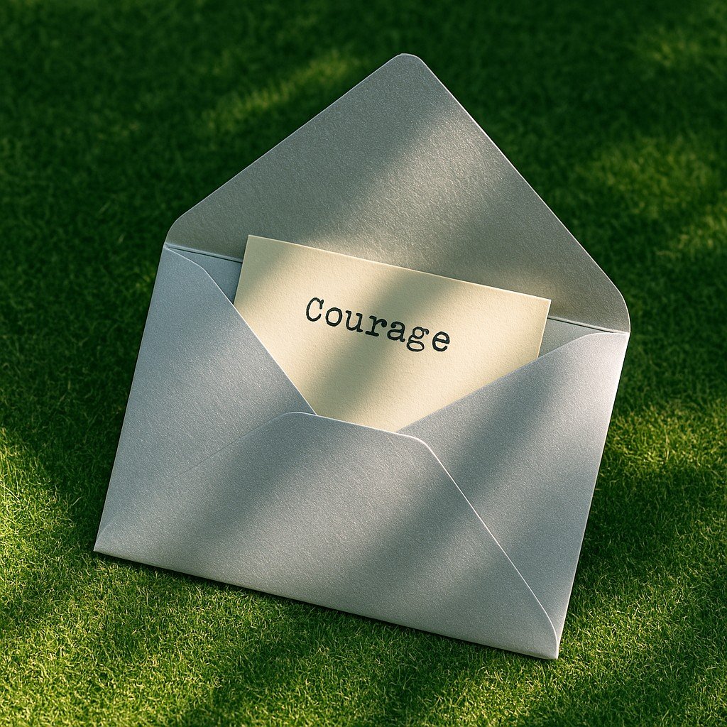 A silver envelope slightly open with a paper slip showing the word “Courage” in a typewriter-style font, resting on a grass-green linen surface with sunlight filtering through leaves.