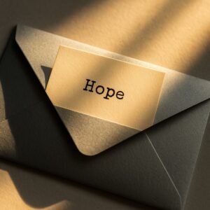 a square image of A silver envelope slightly open with a paper slip showing the word “Hope” in a typewriter-style font, softly lit by warm sunlight.