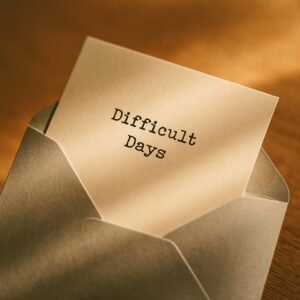 A silver envelope slightly open with a paper slip showing the words “Difficult Days” in a typewriter-style font, softly lit by warm, gentle light.