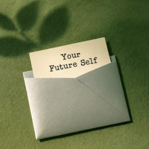 A silver envelope slightly open with a paper slip showing the words “Future Self” in a typewriter-style font, resting on a grass-green linen surface with sunlight filtering through leaves.