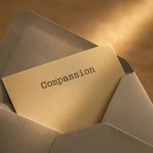 A silver envelope slightly open with a paper slip showing the word “Compassion” in a typewriter-style font, softly lit by warm natural light.