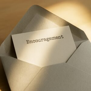 A silver envelope slightly open with a paper slip showing the word “Encouragement” in a typewriter-style font, lit softly by warm morning sunlight.