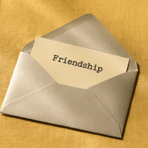 A silver envelope slightly open with a paper slip showing the word “Friendship” in a typewriter-style font, resting on a pale gold linen surface with warm, even sunlight.