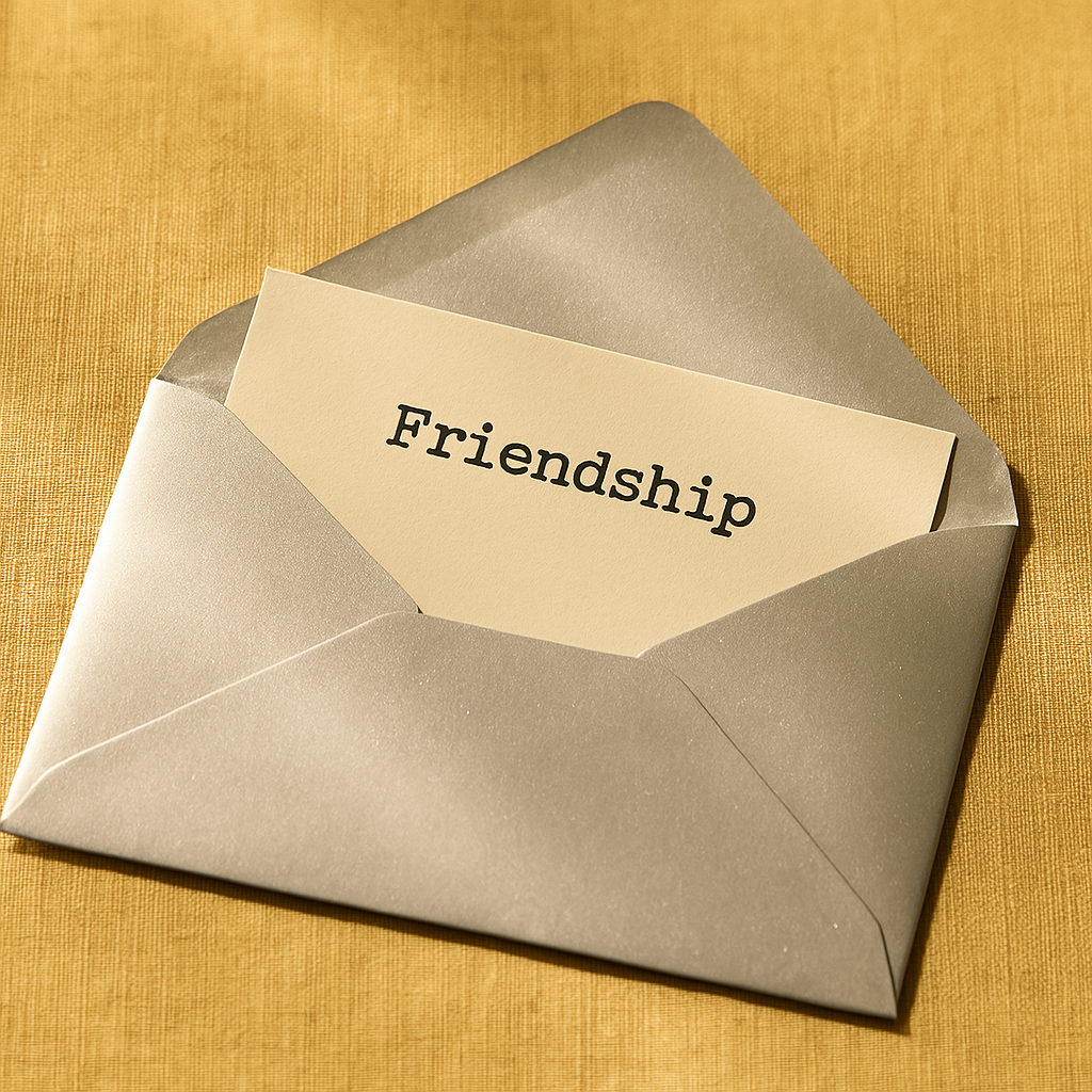 A silver envelope slightly open with a paper slip showing the word “Friendship” in a typewriter-style font, resting on a pale gold linen surface with warm, even sunlight.