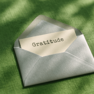 A silver envelope slightly open with a paper slip showing the word “Gratitude” in a typewriter-style font, resting on a grass-green linen surface with soft sunlight filtering through leaves.