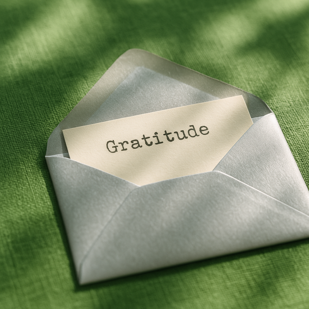 A silver envelope slightly open with a paper slip showing the word “Gratitude” in a typewriter-style font, resting on a grass-green linen surface with soft sunlight filtering through leaves.