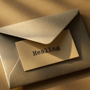 ilver envelope slightly open, with a paper slip showing the word “Healing” in a typewriter-style font, softly lit by warm sunlight.