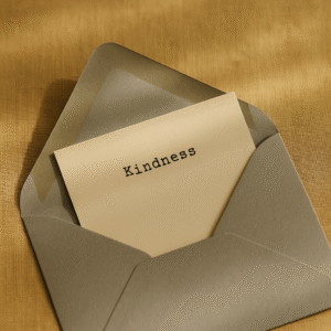 A silver envelope slightly open with a paper slip showing the word “Kindness” in a typewriter-style font, resting on a pale gold linen surface with soft, even sunlight.