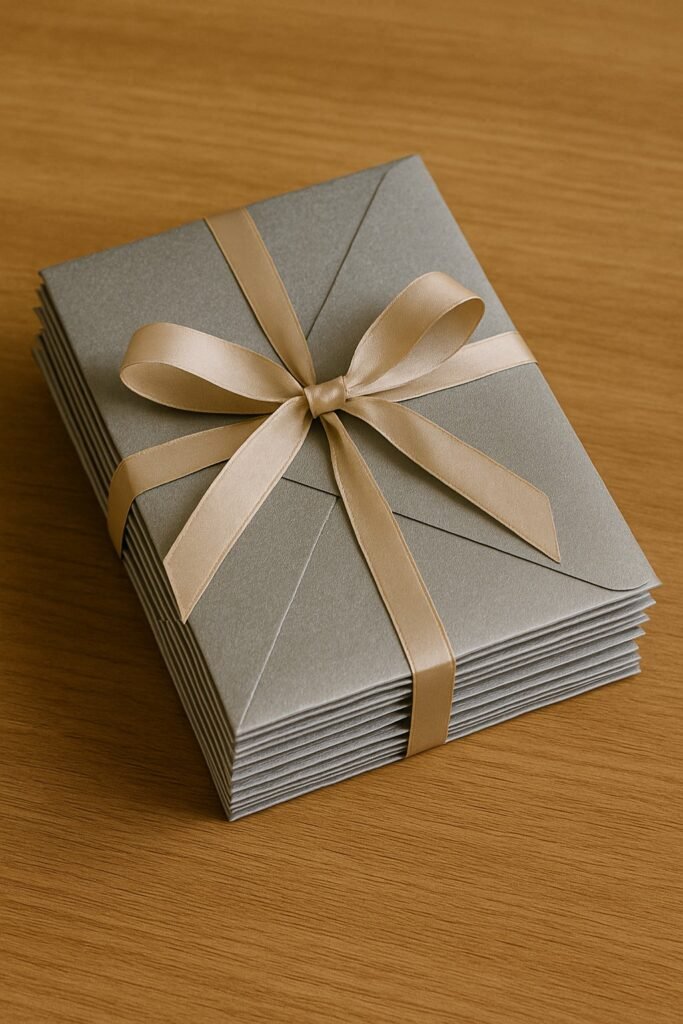silver envelopes tied A small stack of silver envelopes tied neatly with a pale gold satin ribbon rests on a smooth wooden desk, softly lit to highlight the metallic sheen of the envelopes and the gentle texture of the ribbon.