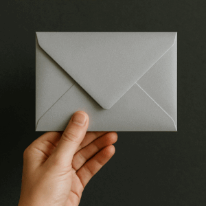 A close-up photograph of a person’s hand holding a sealed silver envelope against a dark grey textured background. The soft lighting highlights the metallic sheen of the envelope, creating a calm and minimalist feel.