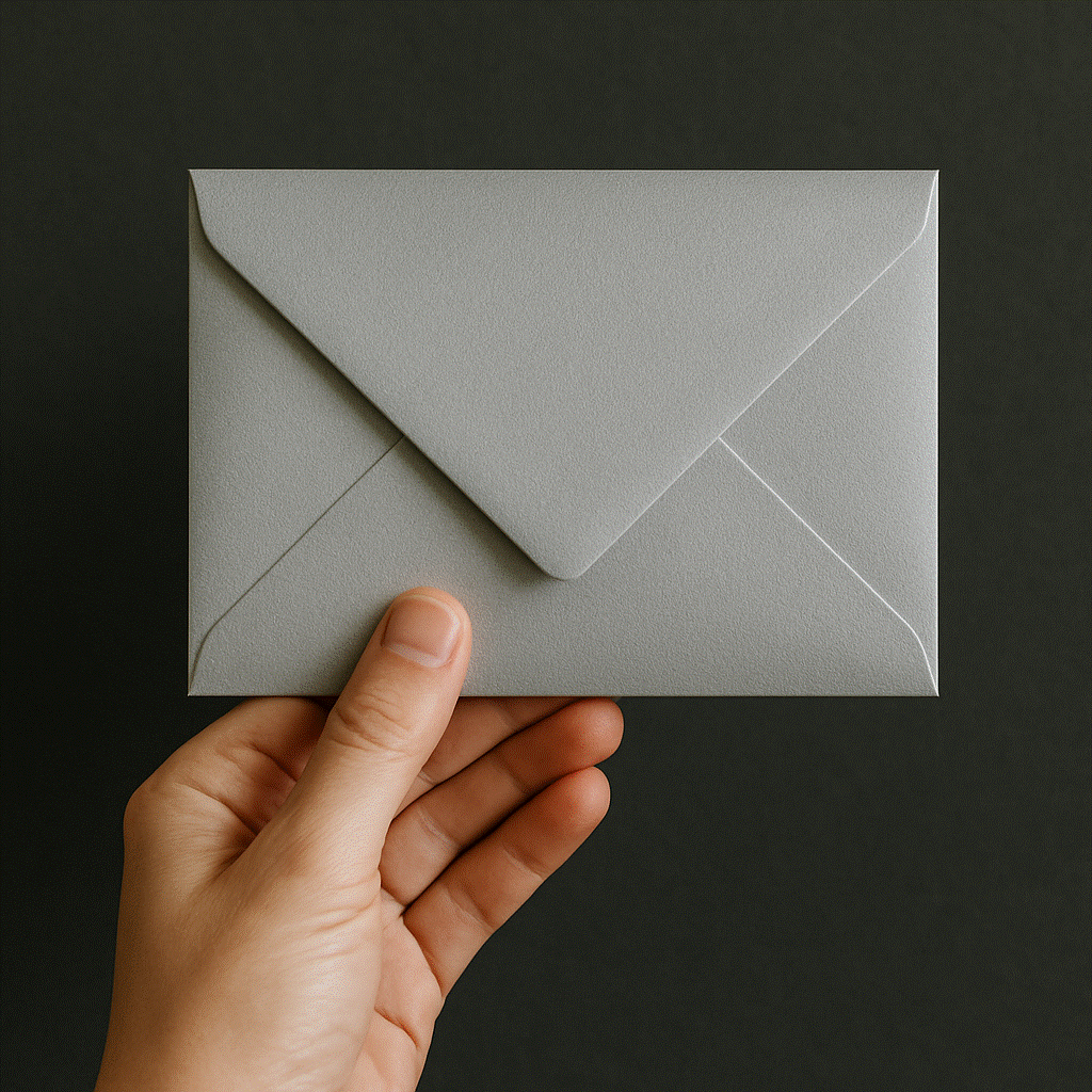 A close-up photograph of a person’s hand holding a sealed silver envelope against a dark grey textured background. The soft lighting highlights the metallic sheen of the envelope, creating a calm and minimalist feel.