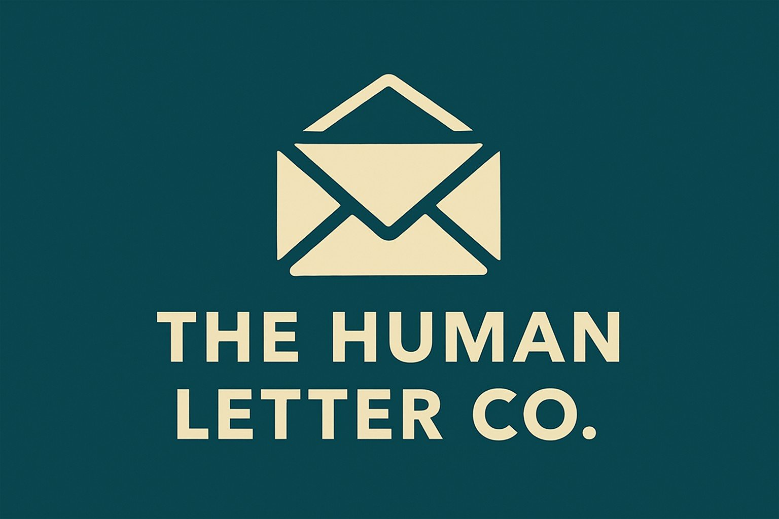 A cream envelope icon appears above the bold white text “THE HUMAN LETTER CO.” centred on a deep teal background, with the envelope positioned slightly higher for balanced spacing in a clean, modern layout.